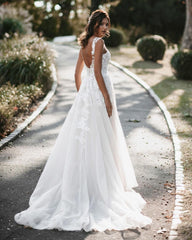 Long A-line V-neck Tulle Backless Wedding Dress with Lace