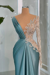 Long Sleeve V-neck Satin Mermaid Floor Length Prom Dress with Beaded