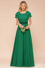 Elegant Bateau Short Sleeves A-line Floor Length Chiffon Ruched Bridesmaid Dress
