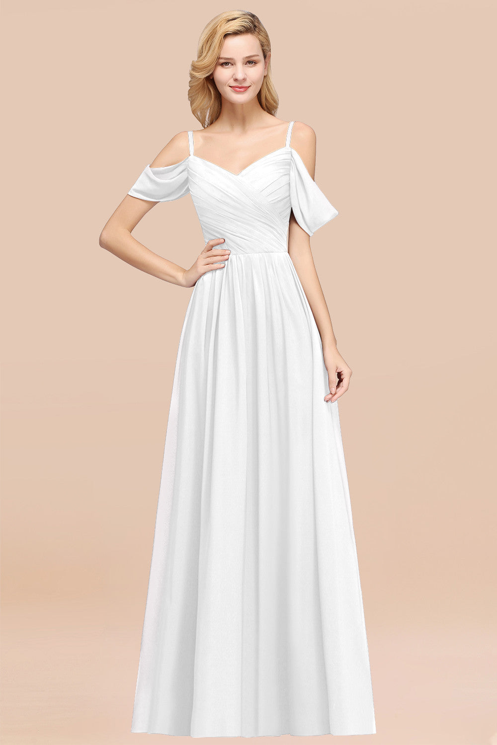 A-Line Chiffon V-Neck Spaghetti Straps Short Sleeves Floor Length Bridesmaid Dresses with Ruffles