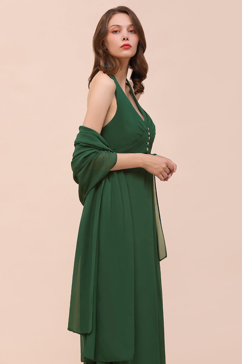 Elegant Halter Deep V-neck A-line Chiffon Bridesmaid Dress With Crystal Embellishment