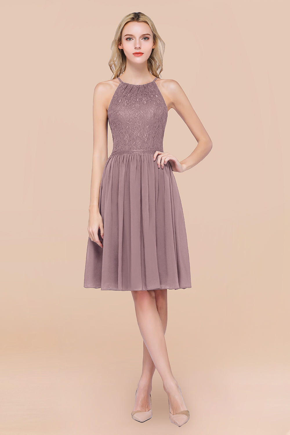 A-line Chiffon Lace Jewel Sleeveless Knee-Length Bridesmaid Dresses with Ruffles
