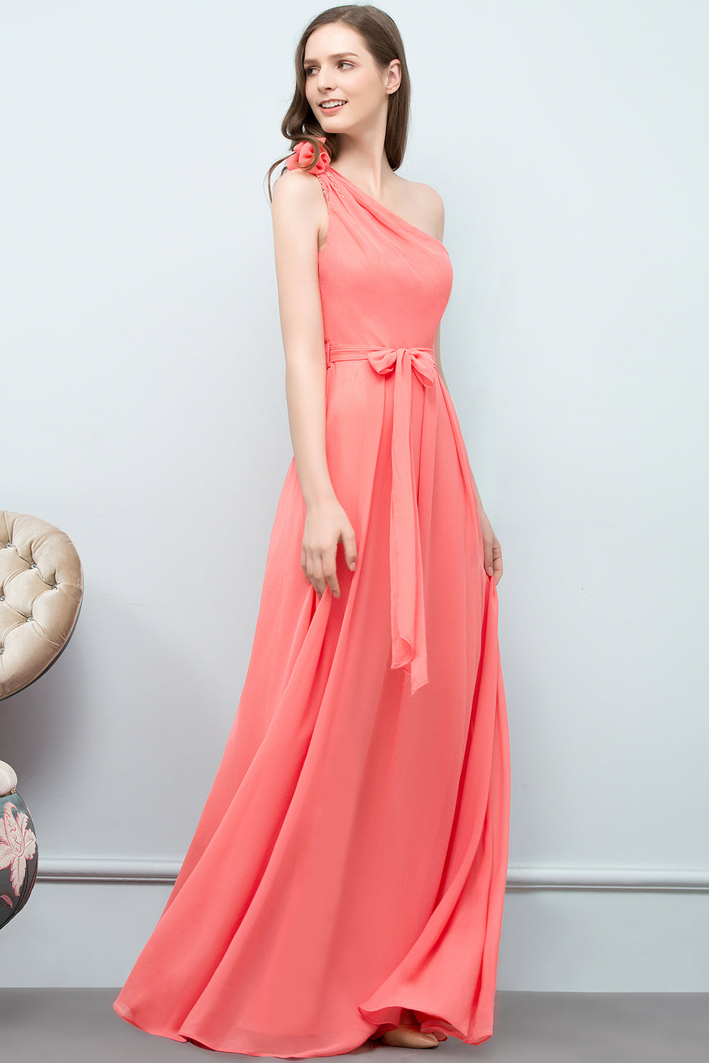 A-line Chiffon One Shoulder Sleeveless Floor Length Bridesmaid Dress with Bow Sash