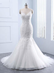 Elegant Long V-neck Lace Mermaid Tulle Wedding Dresses