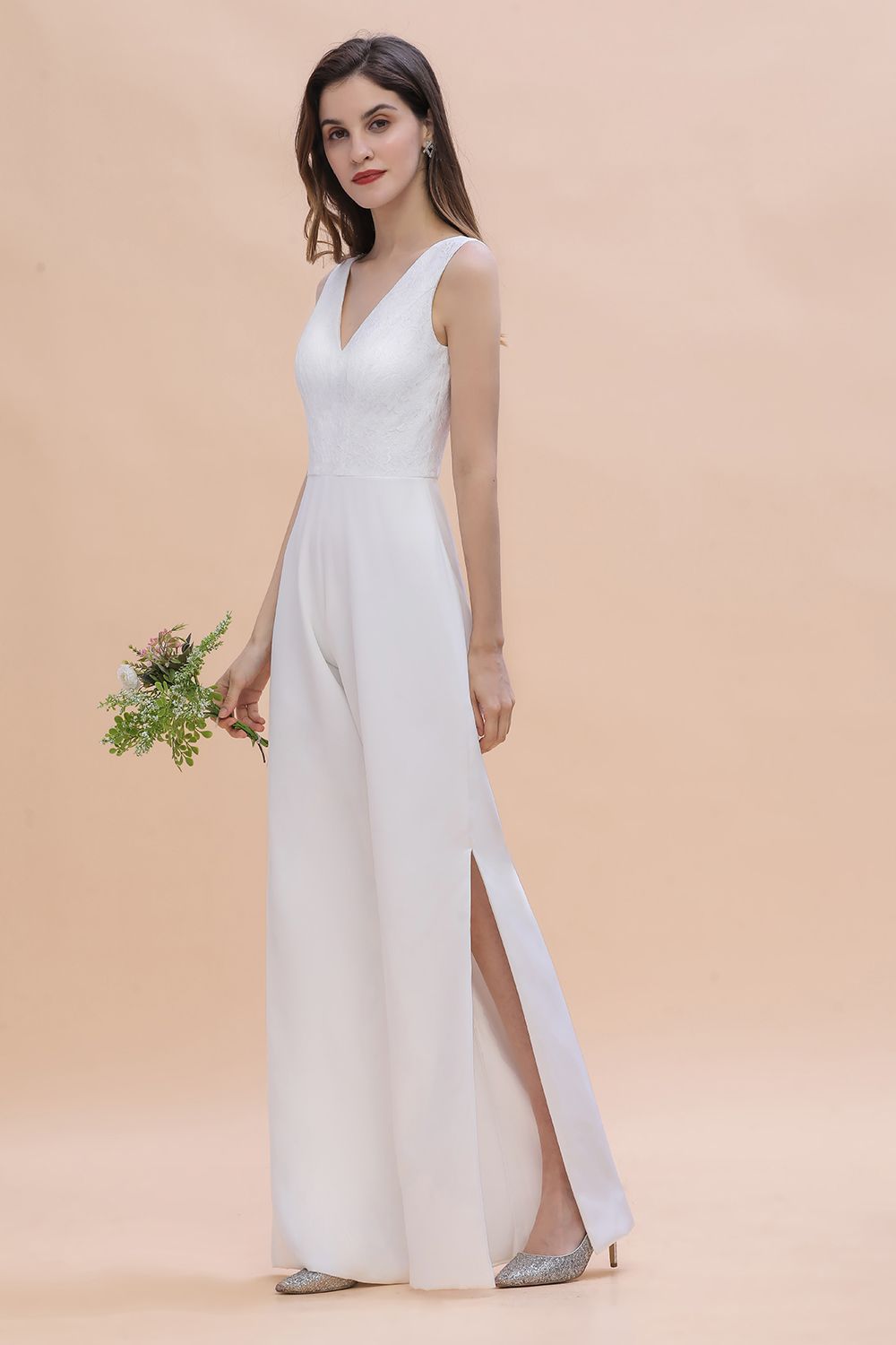 Chic White Deep V-neck Bridesmaid Dress Backless Floor Length Jumpsuit