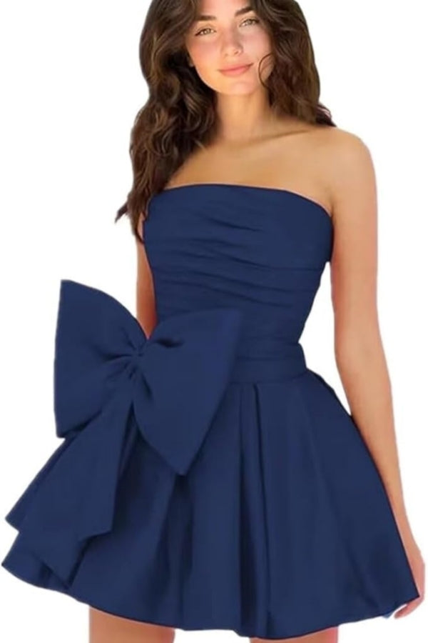 Simple Short A-line Strapless Sleeveless Ruffle Satin Homecoming Dress