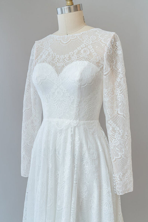 Long Tulle Illusion Long Sleeves Lace Backless A-line Wedding Dress