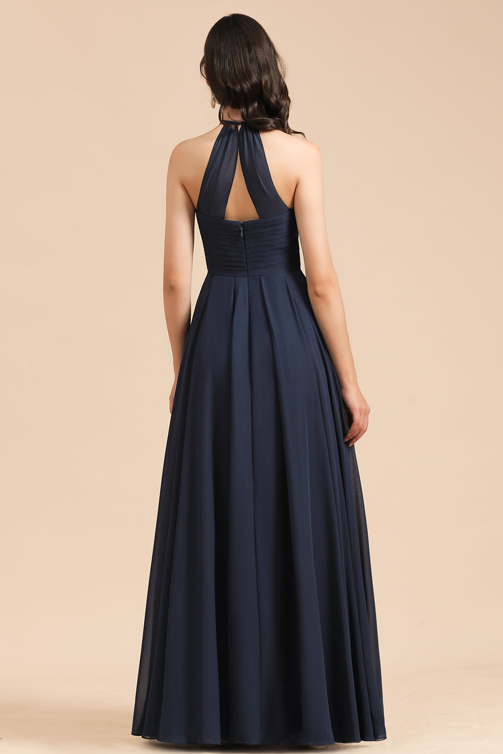 Long A-line Halter Chiffon Bridesmaid Dress Dark Navy Evening Maxi Dress