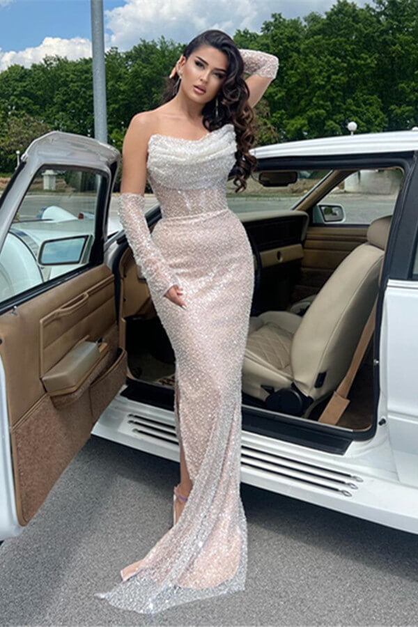 Sparkle Sequined Strapless White Mermaid Long Prom Dress with Gloves