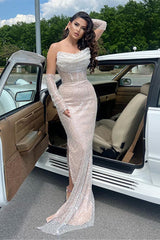 Sparkle Sequined Strapless White Mermaid Long Prom Dress with Gloves