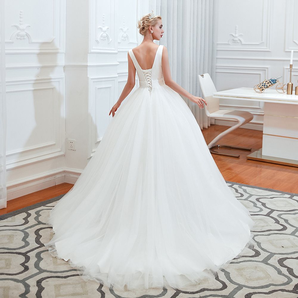 Long A-Line Tulle Wide Straps Deep V-neck Floor Length Wedding Dress