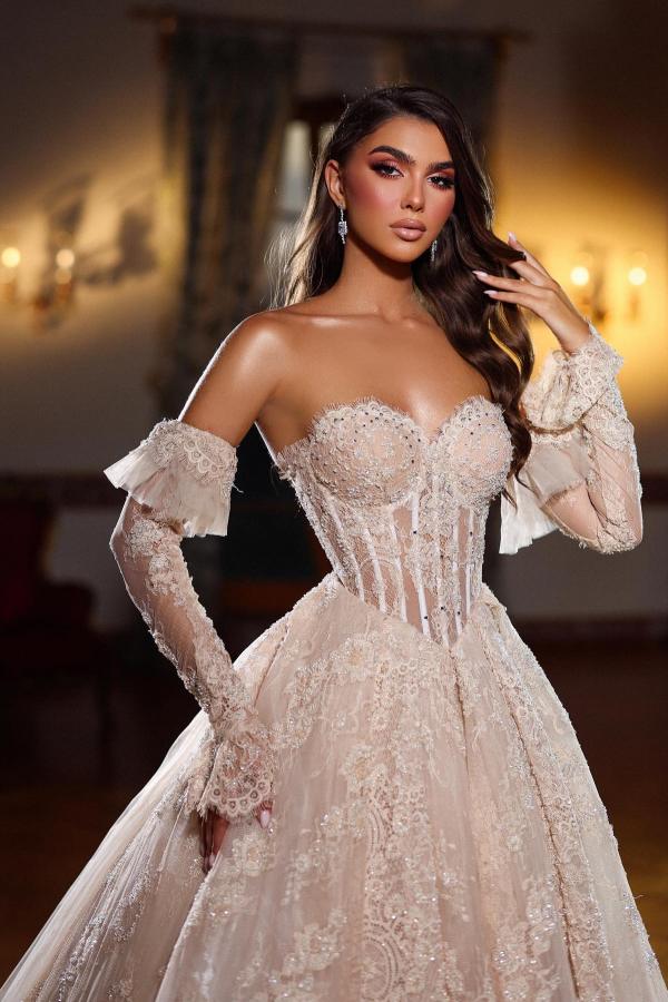 Sweetheart Lace A Line Beads Long Wedding Dress with Gloves