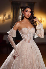 Sweetheart Lace A Line Beads Long Wedding Dress with Gloves