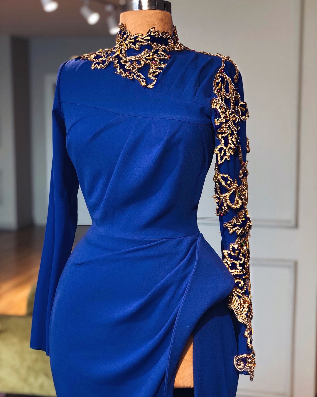 Royal Blue Long High Neck Side Slit Mermaid Prom Dresses with Sleeves