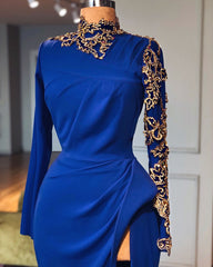 Royal Blue Long High Neck Side Slit Mermaid Prom Dresses with Sleeves