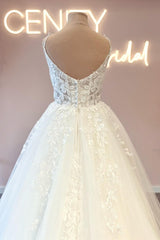 Simple Long A-line Sweetheart Lace Tulle Backless Wedding Dresses