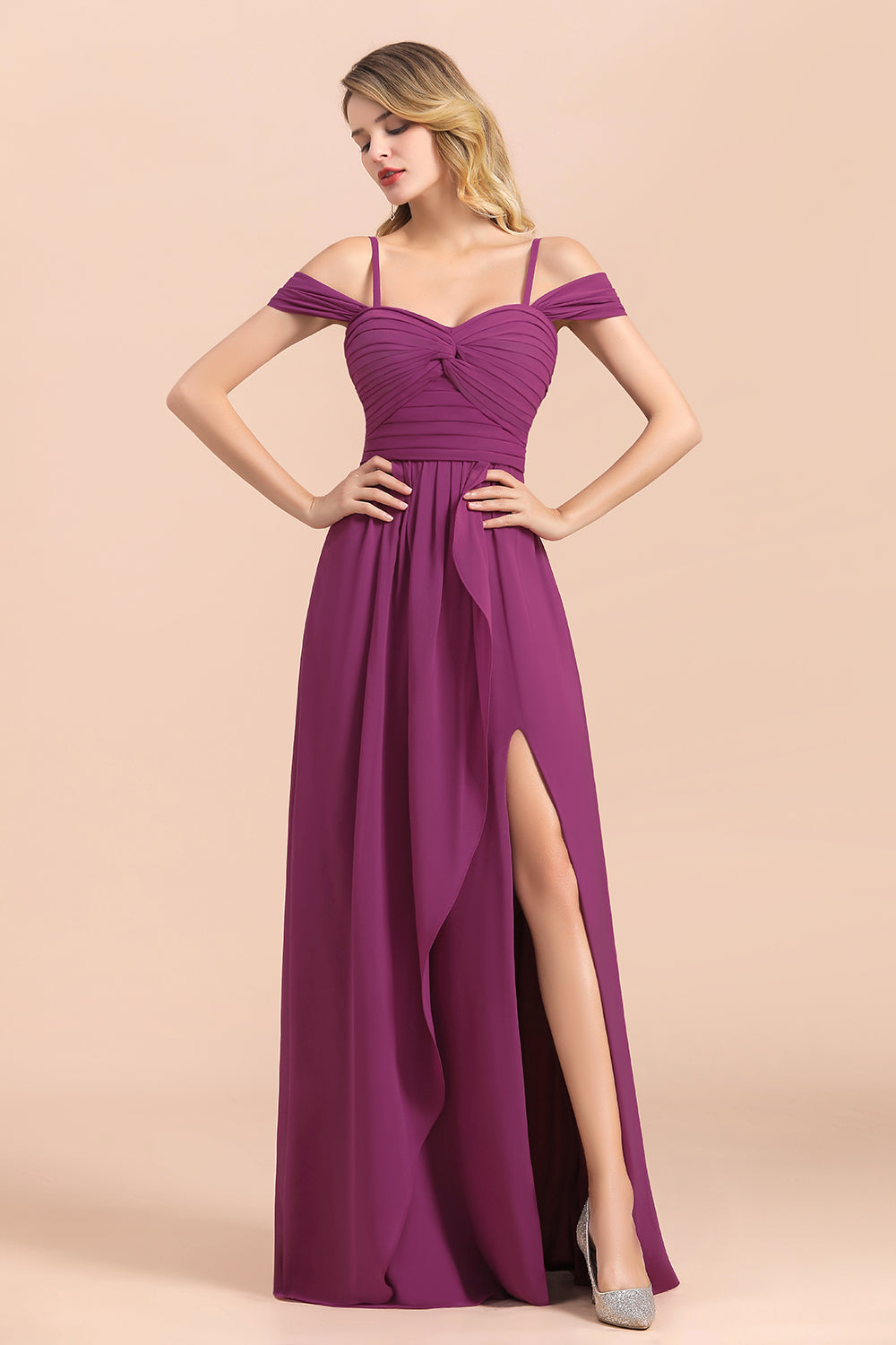 Stunning Off the Shoulder A-Line Chiffon Spaghetti Straps Bridesmaid Dress With Side Slit