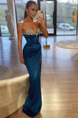 Long Mermaid Satin Strapless Prom Dress with Side Split