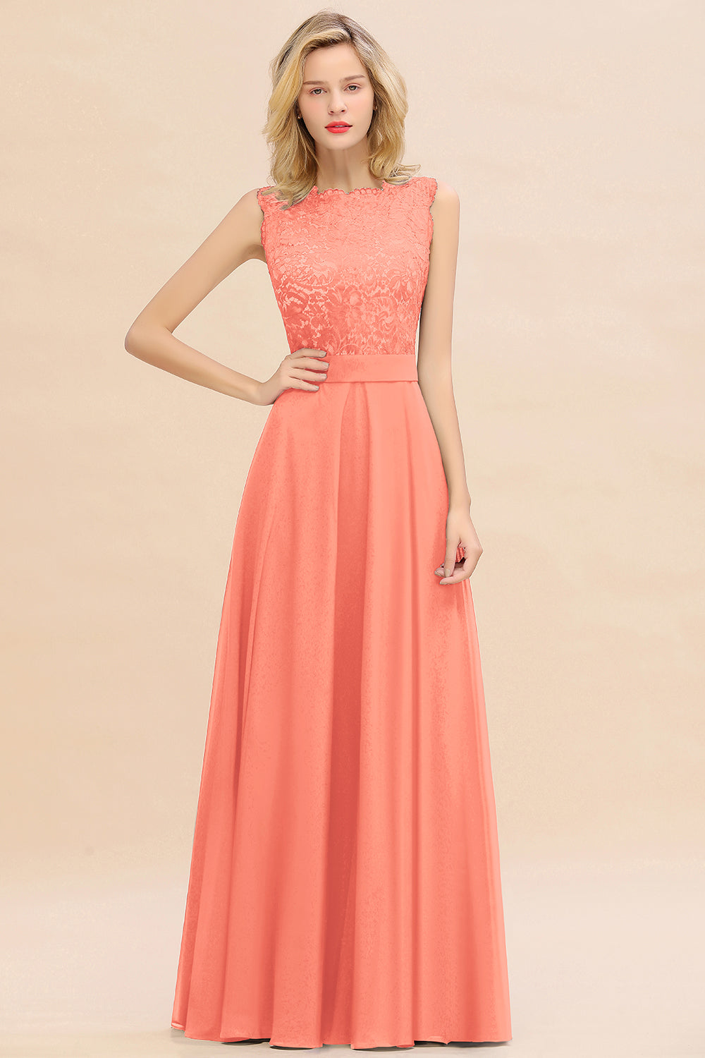 Long A-line Chiffon Lace Sleeveless Bridesmaid Dresses