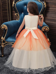 Long A-line Satin Sleeveless Jewel Neck Tulle Flower Girl Dresses For Wedding