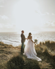 Long A-Line Off the Shoulder Backless Appliques Lace Floor Length Tulle Wedding Dress