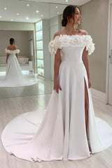 Long A-line Off the Shoulder Satin Flower Wedding Dresses with Slit