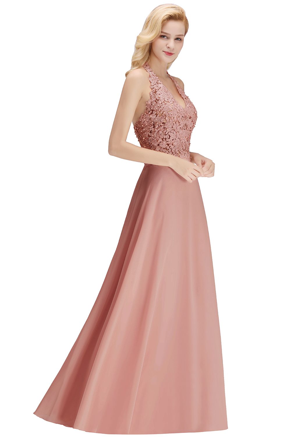 Halter Composite Emulation Silk A-line Floor Length Bridesmaid Dress