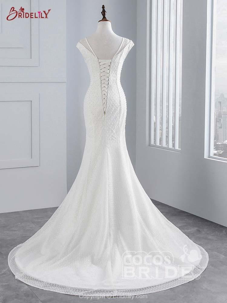 Elegant Long Cap Sleeves Lace-up Mermaid Wedding Dresses