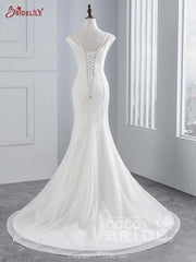 Elegant Long Cap Sleeves Lace-up Mermaid Wedding Dresses