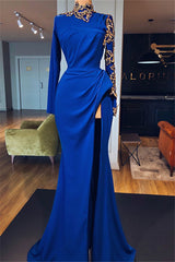 Royal Blue Long High Neck Side Slit Mermaid Prom Dresses with Sleeves