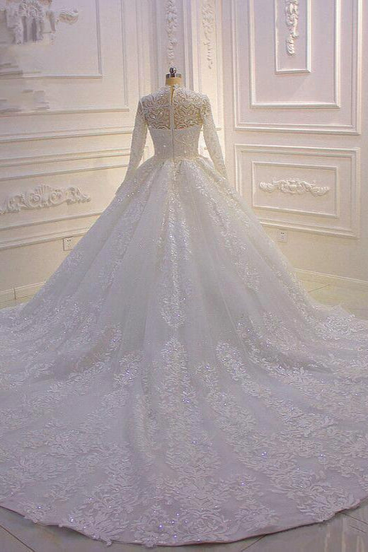 Long High Neck Appliques Lace Ball Gown Ruffles Wedding Dress with Long Sleeve