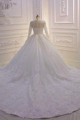 Long High Neck Appliques Lace Ball Gown Ruffles Wedding Dress with Long Sleeve