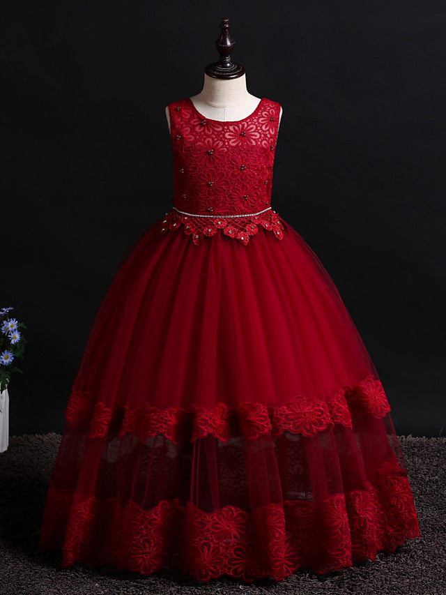 Long Princess Floor Length Sleeveless Jewel Neck Flower Girl Dresses