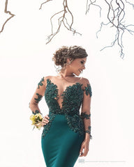 Long Tulle Lace Jewel Satin Mermaid Formal Dress with Sleeves