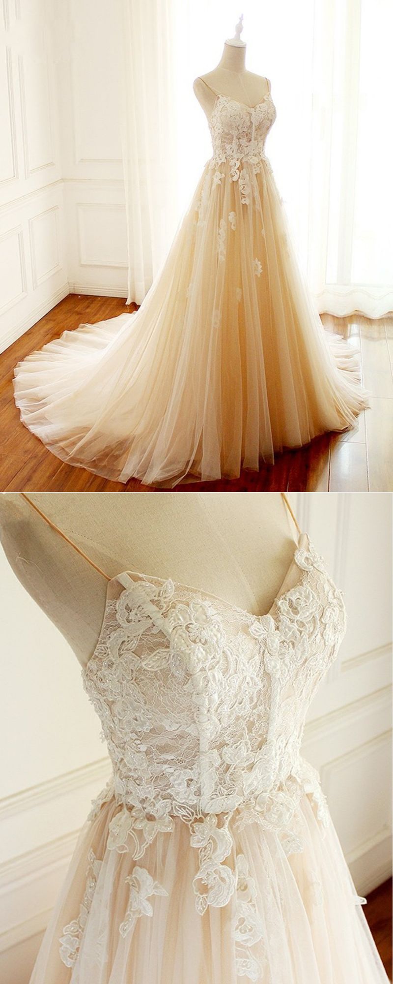 Long A-line Sweetheart Tulle Spaghetti Sweep Train Wedding Dress
