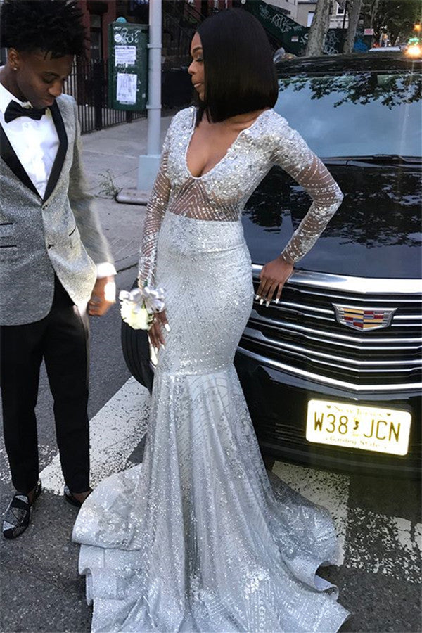 Long Sleeves V-neck Sequined Mermaid Prom Dress