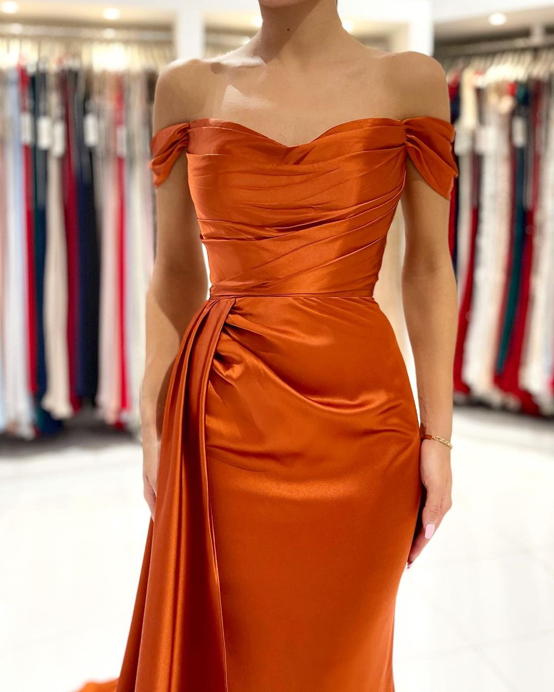 Stunning Long Mermaid Off the Shoulder Satin Prom Dress with Slit