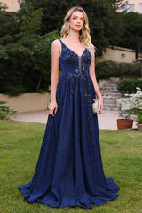 Stunning Dark Navy Long A-line V-neck Glitter Backless Prom Dresses