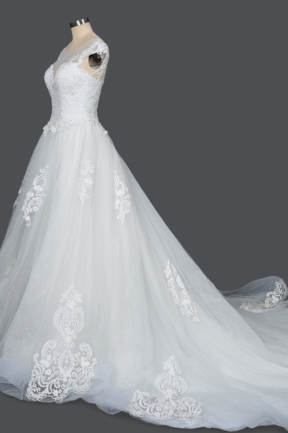 Elegant Long Cap Sleeve Tulle Lace V-neck Ball Gown Wedding Dresses