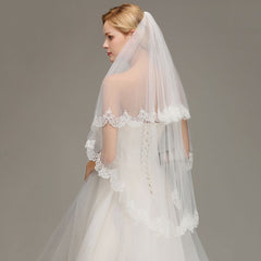 Elegant Two Layers Lace Edge Long Wedding Veil