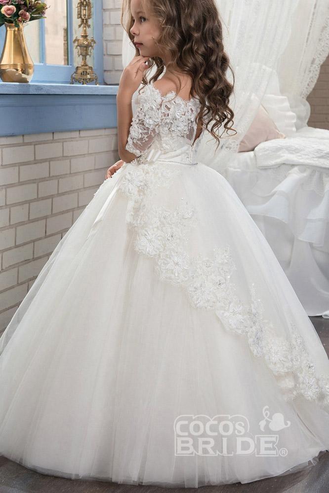 White Long Off The Shoulder Ball Gown Flower Girl Dress with Sleeves