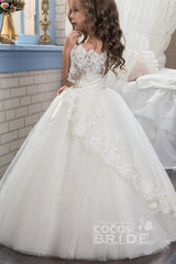 White Long Off The Shoulder Ball Gown Flower Girl Dress with Sleeves