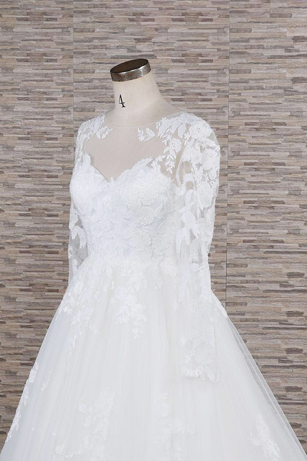 Plus Size Long A-line Applqiues Lace Tulle Wedding Dress with Sleeves