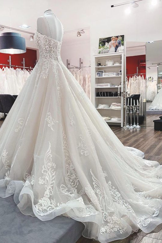 Long A-line V-neck Spaghetti Straps Tulle Wedding Dress with Lace Ruffles