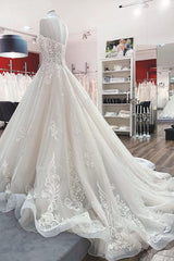 Long A-line V-neck Spaghetti Straps Tulle Wedding Dress with Lace Ruffles