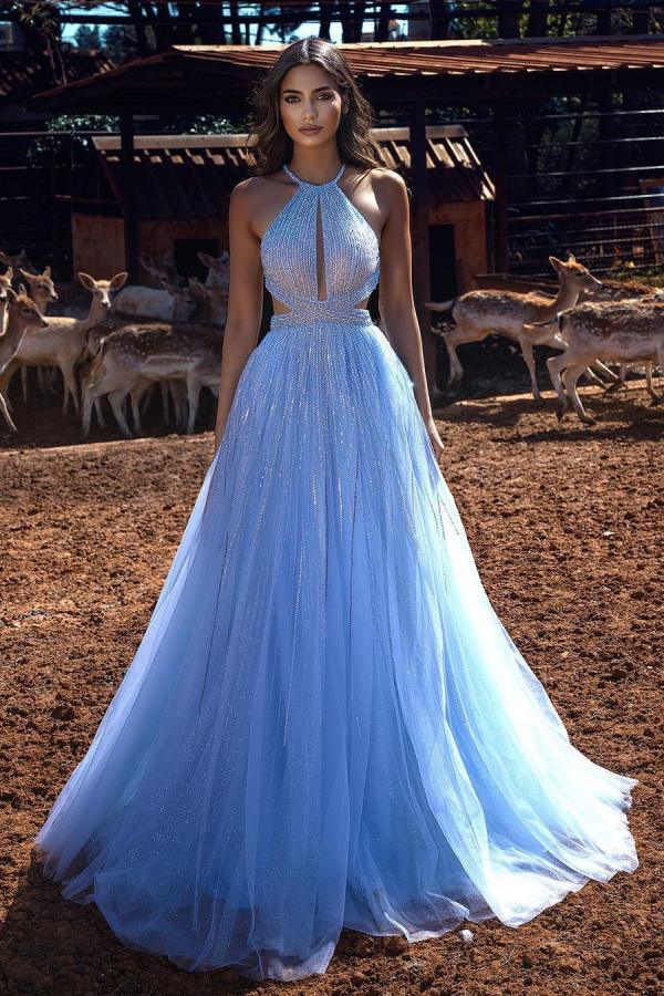Elegant A-Line Halter Beading Sequins Backless Long Tulle Prom Dress