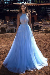 Elegant A-Line Halter Beading Sequins Backless Long Tulle Prom Dress