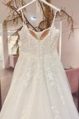Elegant Long A-line Strapless Spaghetti Straps Lace Wedding Dresses with Appliques