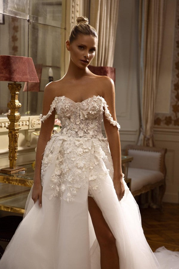 Elegant Long A-line Off the Shoulder Tulle Lace Backless Wedding Dresses with Slit