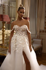 Elegant Long A-line Off the Shoulder Tulle Lace Backless Wedding Dresses with Slit